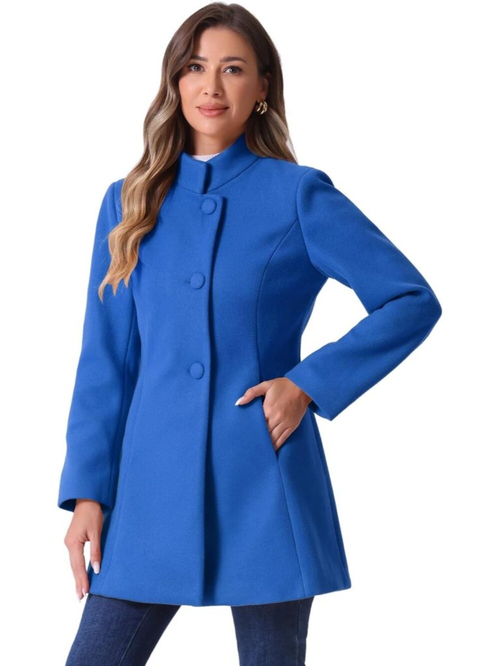 Women's Royal Blue Mid-long Stand Collar Single Breasted Loose Fit Trench Coat